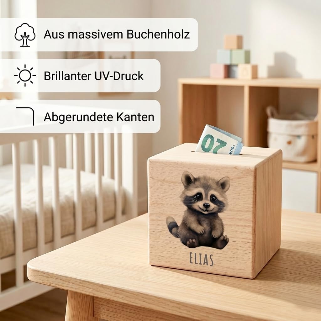 Waschbär Spardose für Kinder personalisiert Sparbox aus Holz Sparschwein mit Schlüssel Taufgeschenk für Jungen und Mädchen