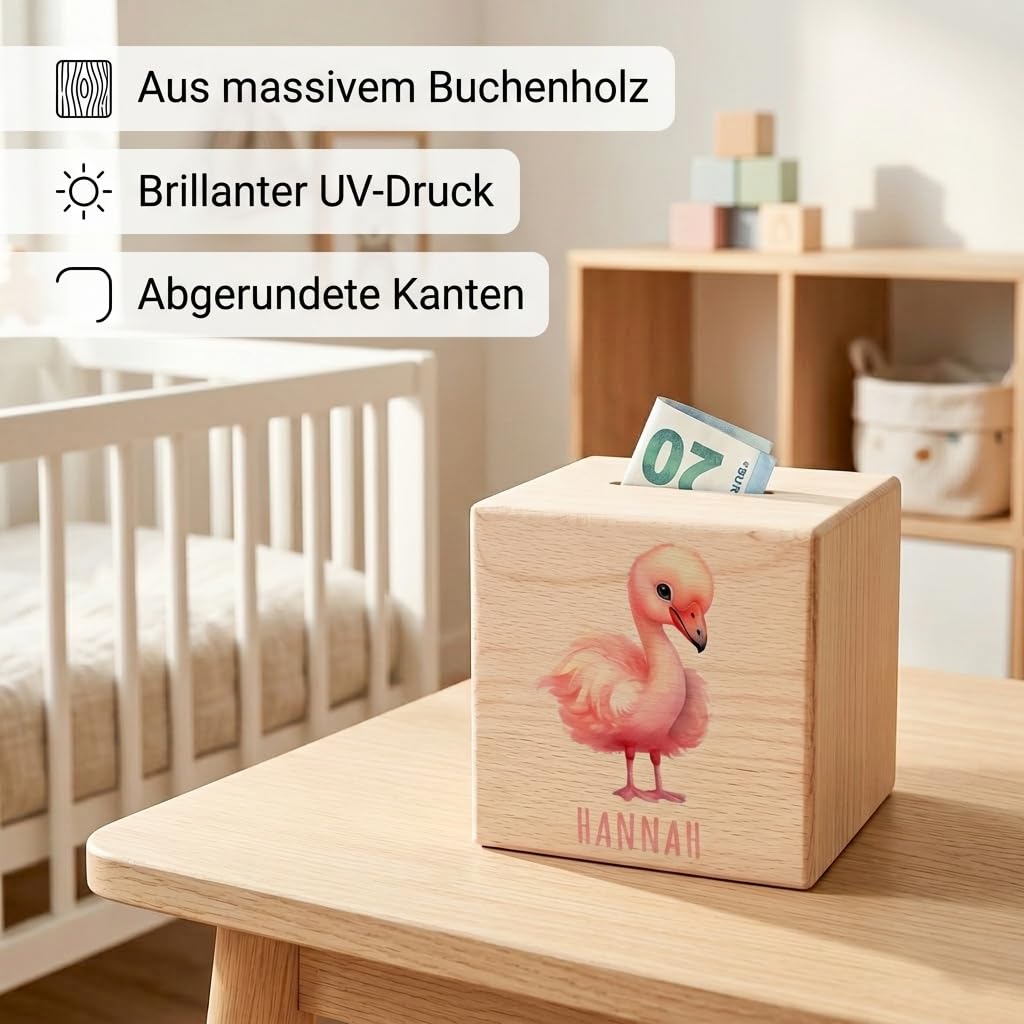 Flamingo Spardose für Kinder personalisiert Sparbox aus Holz Sparschwein mit Schlüssel Taufgeschenk für Jungen und Mädchen