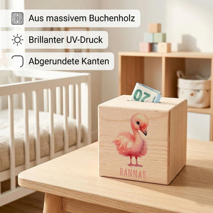 Flamingo Spardose für Kinder personalisiert Sparbox aus Holz Sparschwein mit Schlüssel Taufgeschenk für Jungen und Mädchen