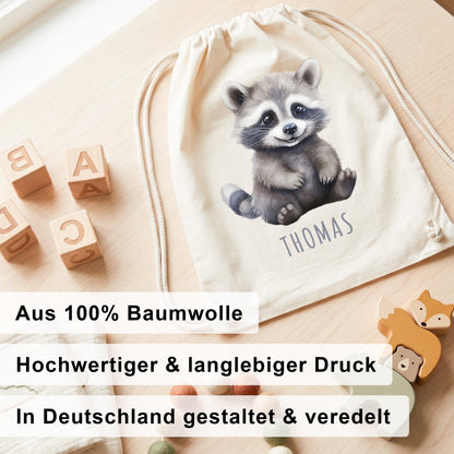 Waschbär Turnbeutel Kinder personalisierter Sportbeutel für den Kindergarten Stoffbeutel mit Kordelzug