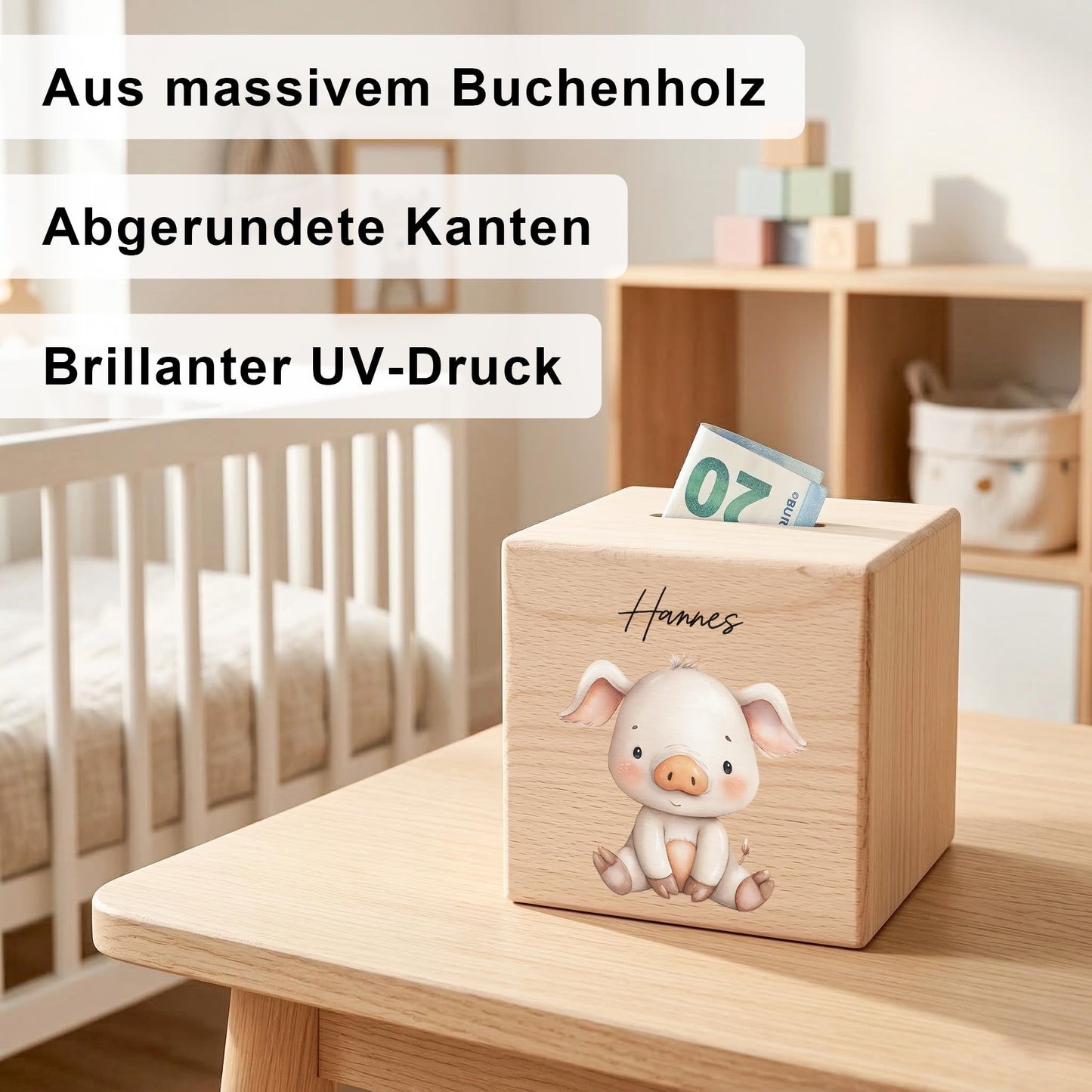 Schwein Spardose für Kinder aus Holz personalisierte Sparbox Holzspardose mit Schlüssel als Geldgeschenk