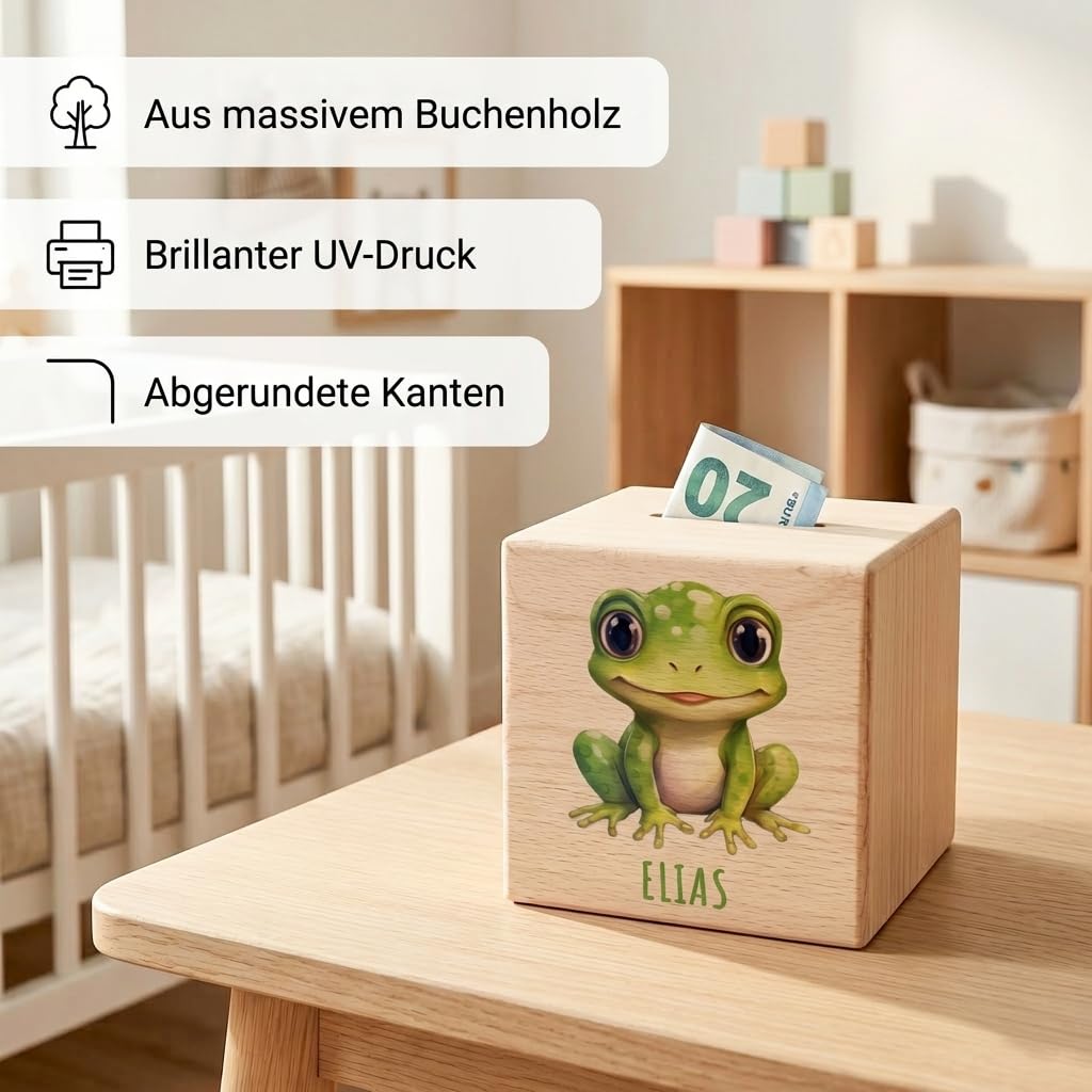 Frosch Spardose für Kinder personalisiert Sparbox aus Holz Sparschwein mit Schlüssel Taufgeschenk für Jungen und Mädchen