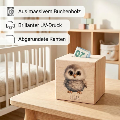 Eule Spardose für Kinder personalisiert Sparbox aus Holz Sparschwein mit Schlüssel Taufgeschenk für Jungen und Mädchen