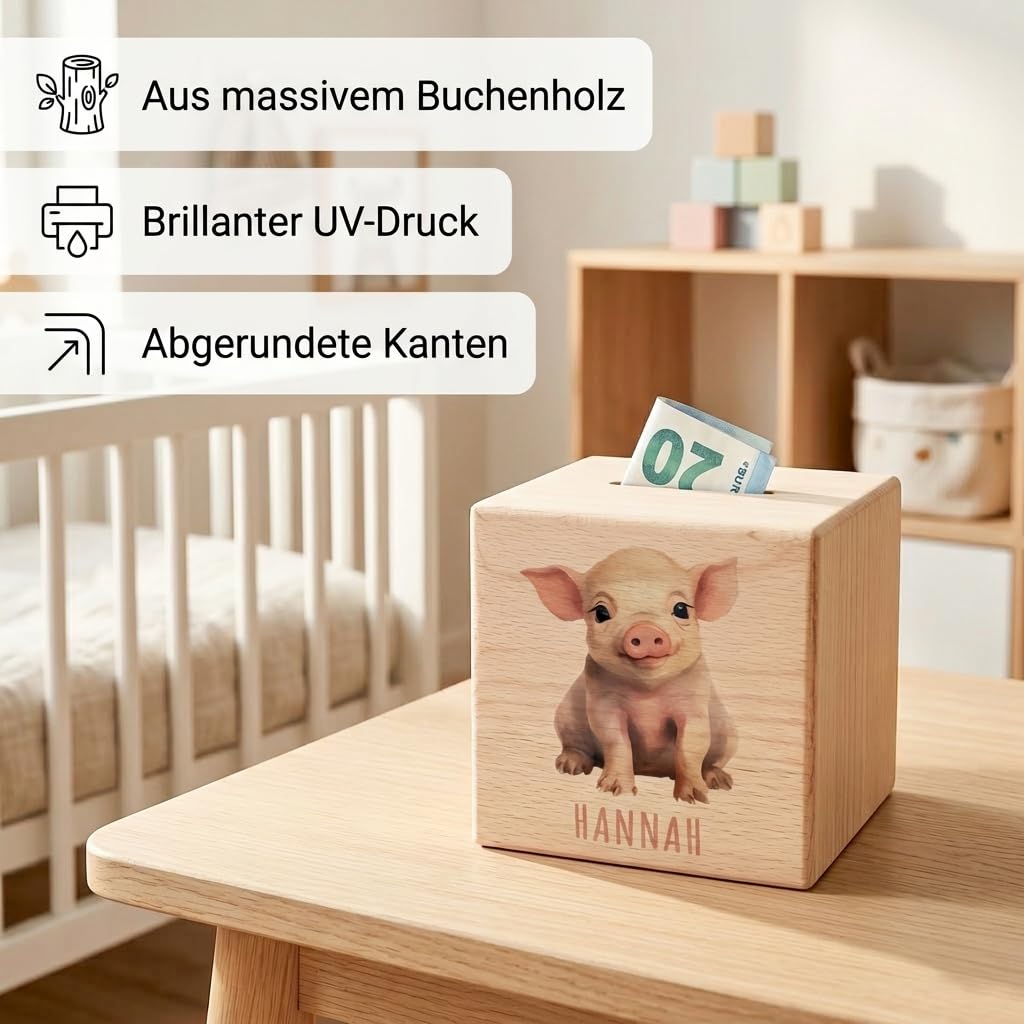 Schwein Spardose für Kinder personalisiert Sparbox aus Holz Sparschwein mit Schlüssel Taufgeschenk für Jungen und Mädchen