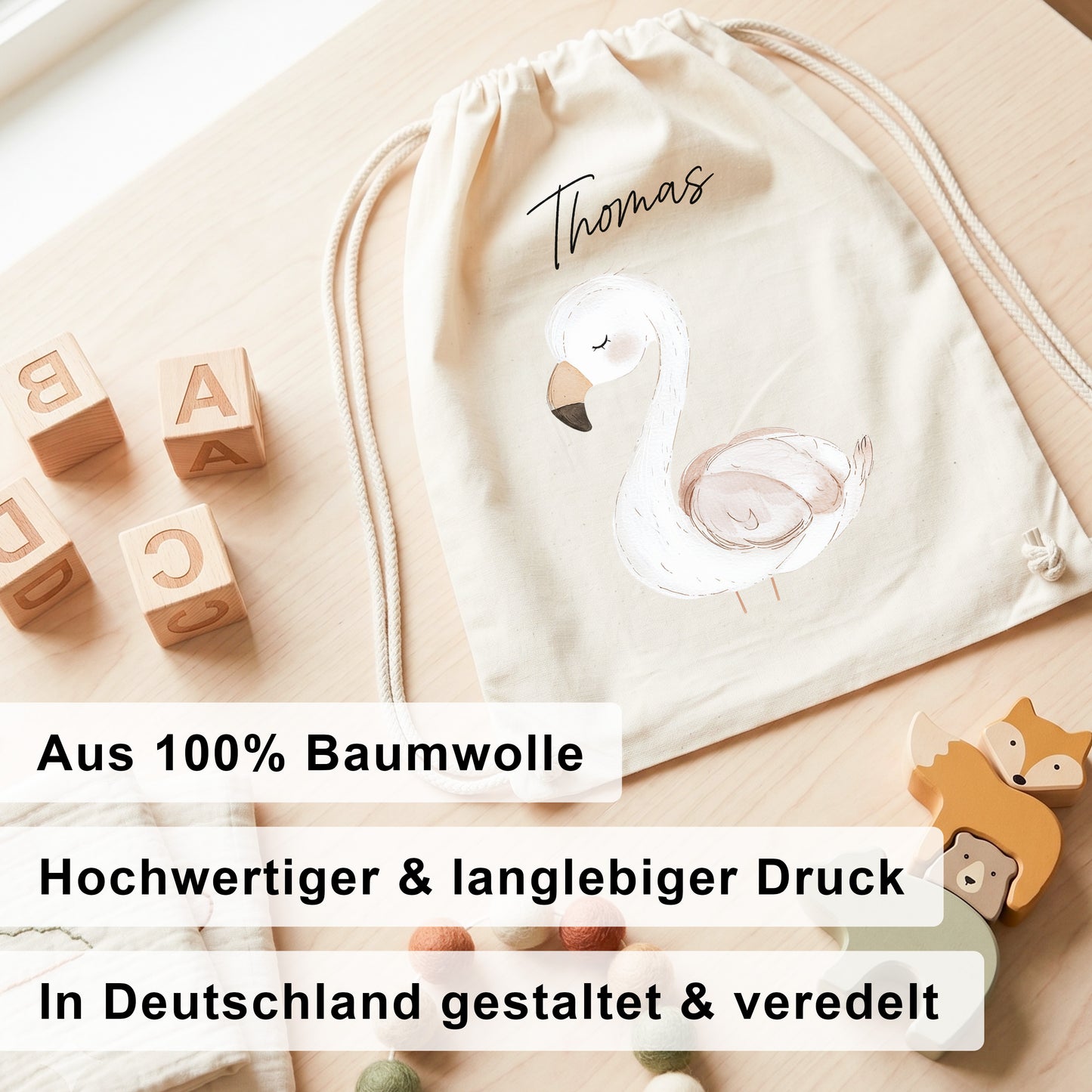 Flamingo Turnbeutel für Kinder personalisierter Sportbeutel für den Kindergarten Stoffbeutel mit Kordelzug