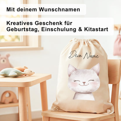 Katze Turnbeutel Kinder personalisierter Sportbeutel für Kindergarten & Kita Stoffbeutel mit Kordelzug