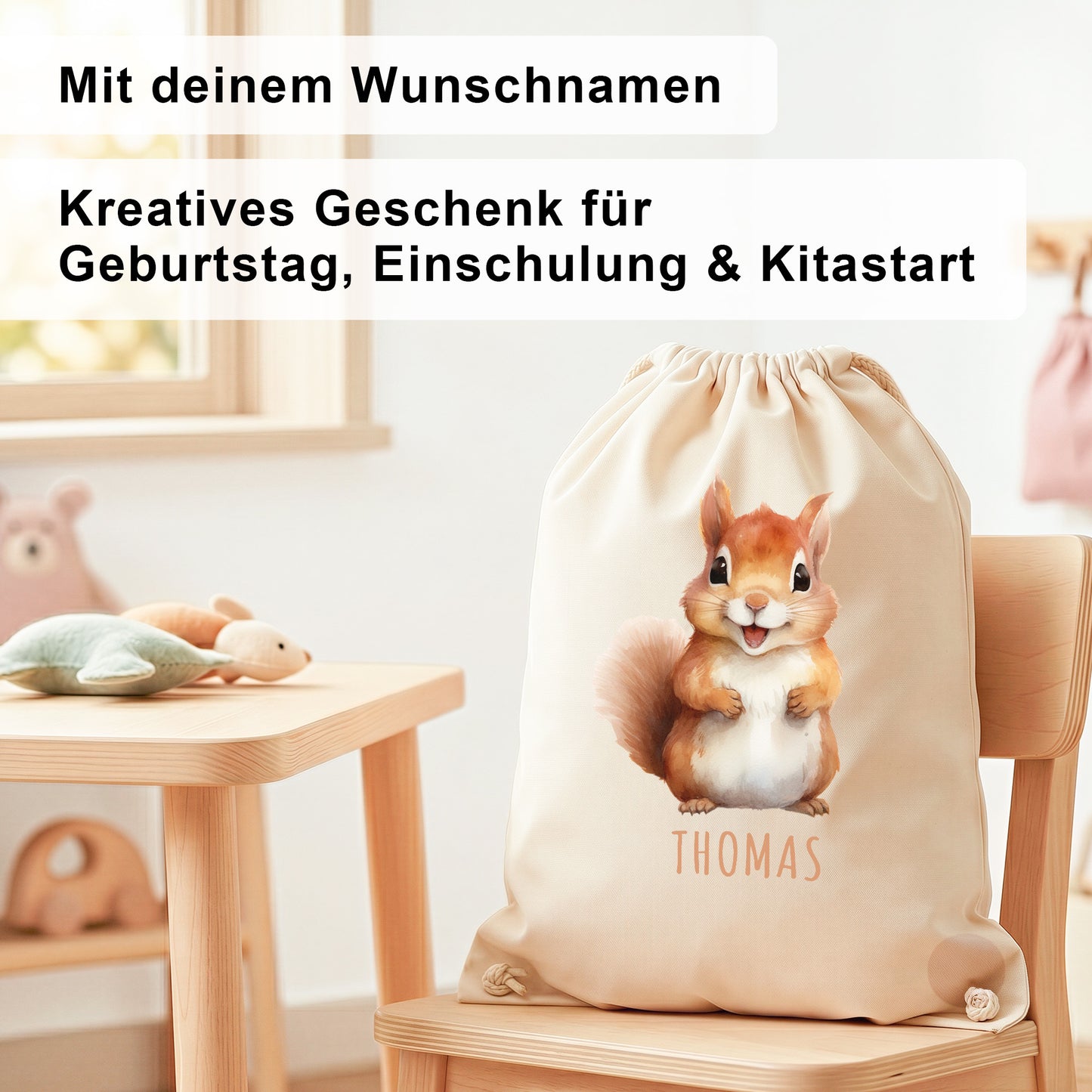 Eichhörnchen Turnbeutel Kinder personalisierter Sportbeutel für den Kindergarten Stoffbeutel mit Kordelzug