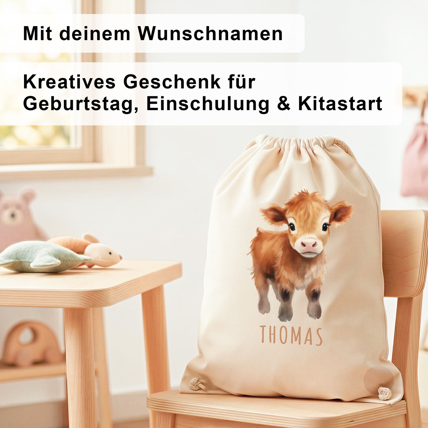 Kuh Turnbeutel Kinder personalisierter Sportbeutel für den Kindergarten Stoffbeutel mit Kordelzug