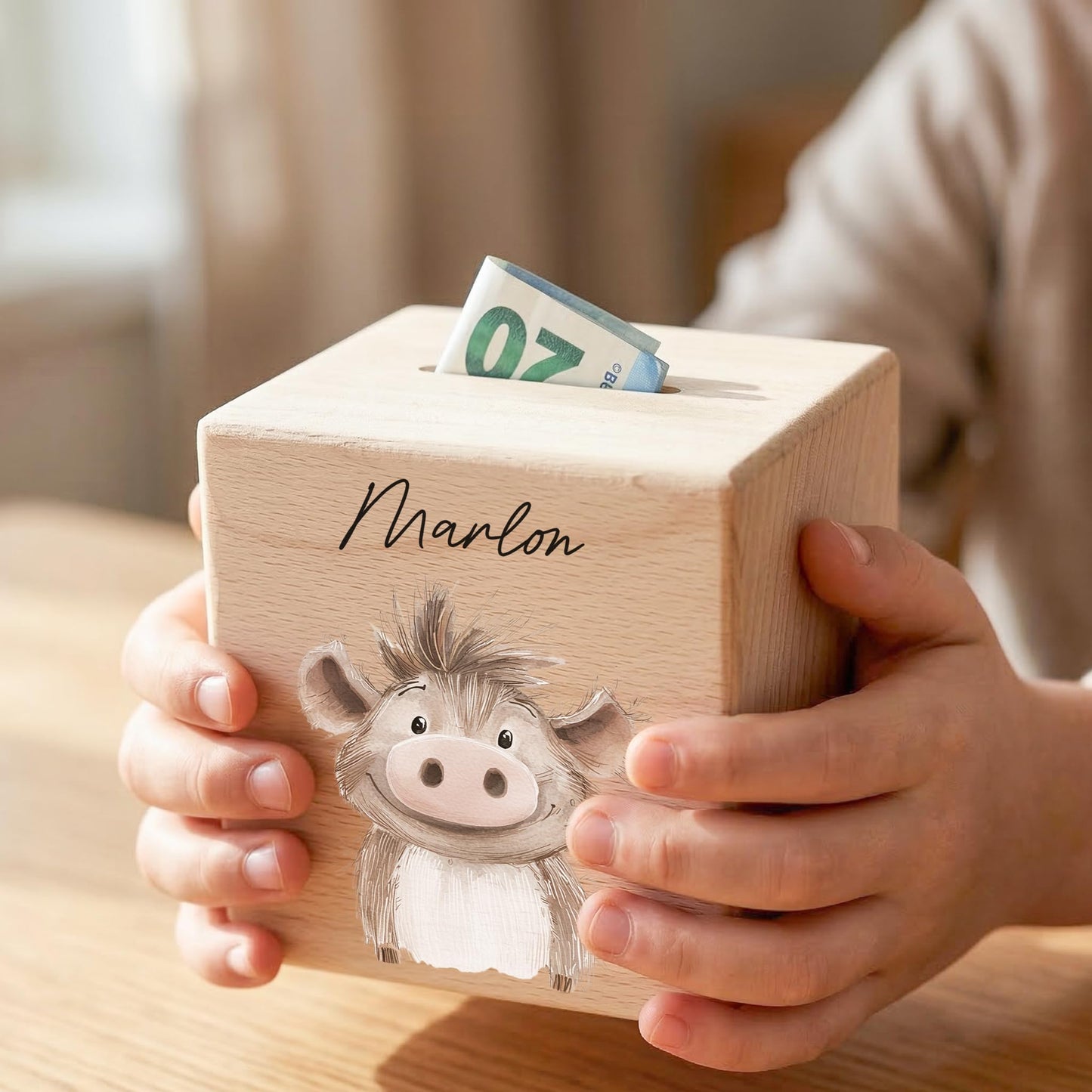 Spardose für Kinder Warzenschwein personalisiert Safari Tiere Sparbox aus Holz Sparschwein mit Schlüssel Taufgeschenk für Jungen & Mädchen