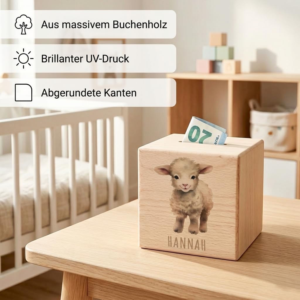 Schaf Spardose für Kinder personalisiert Sparbox aus Holz Sparschwein mit Schlüssel Taufgeschenk für Jungen und Mädchen