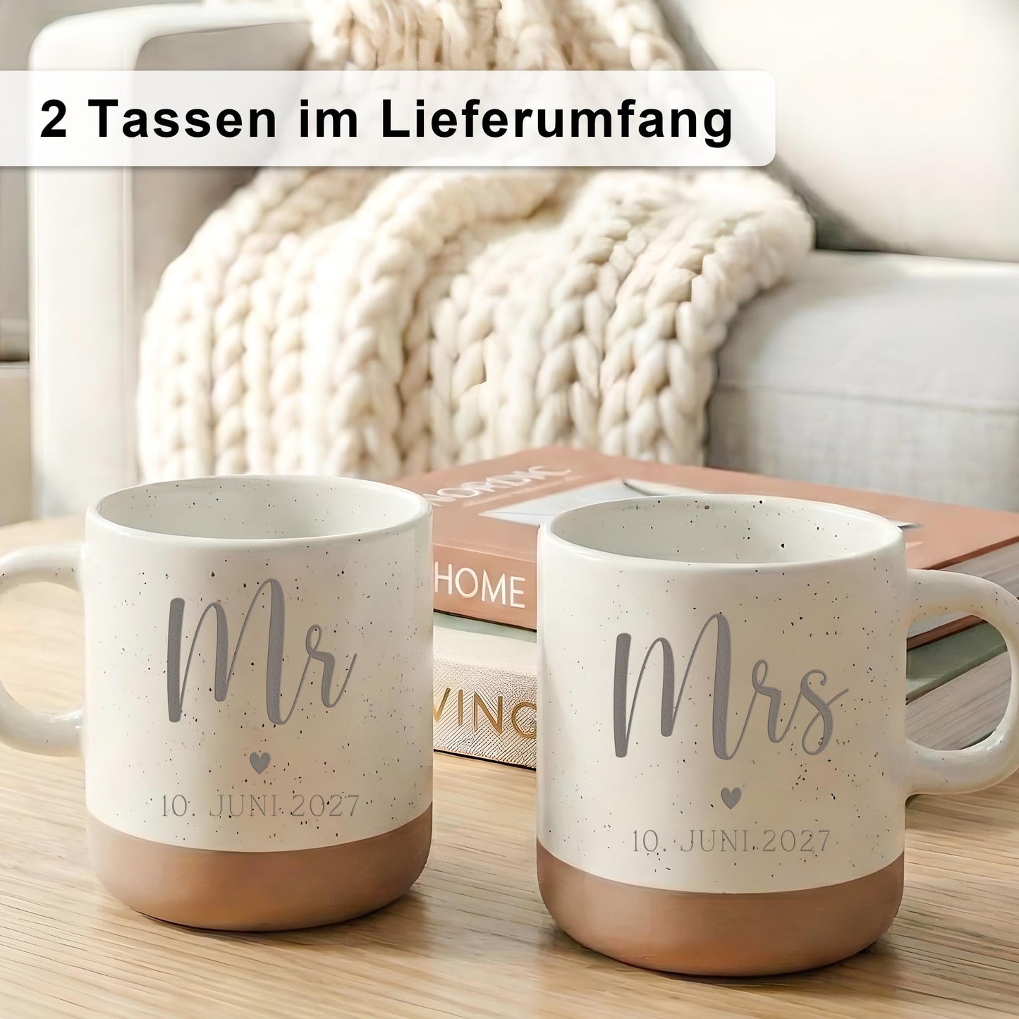 Hochzeitsgeschenke für Brautpaar Mr & Mrs Steingut Tassen personalisiert mit Gravur Partnertassen  Hochzeit Geschenk (Mit Datum)