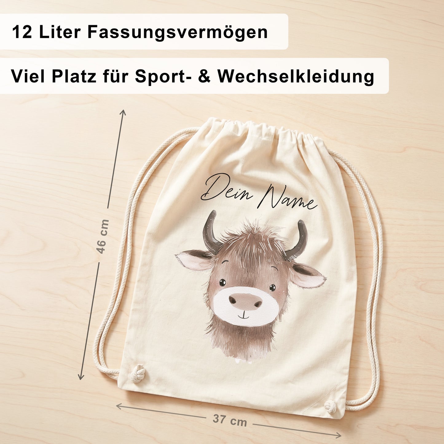 Büffel Turnbeutel für Kinder personalisierter Sportbeutel für den Kindergarten Stoffbeutel mit Kordelzug