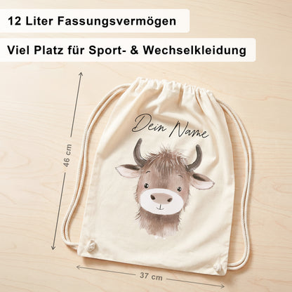Büffel Turnbeutel für Kinder personalisierter Sportbeutel für den Kindergarten Stoffbeutel mit Kordelzug