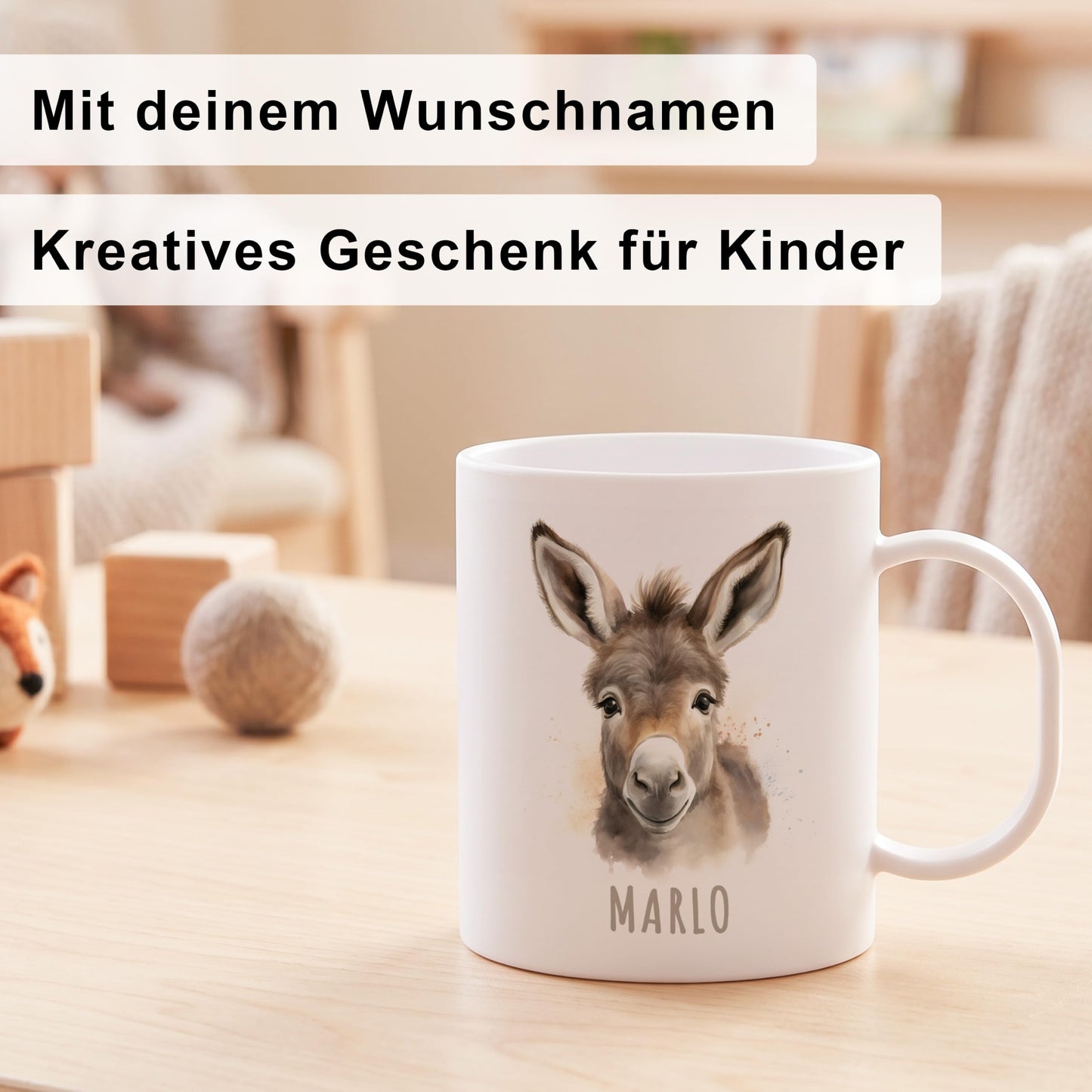 Bruchsichere Kindertasse leichte Kunststoff Tasse mit Henkel für Kindergarten, Esel