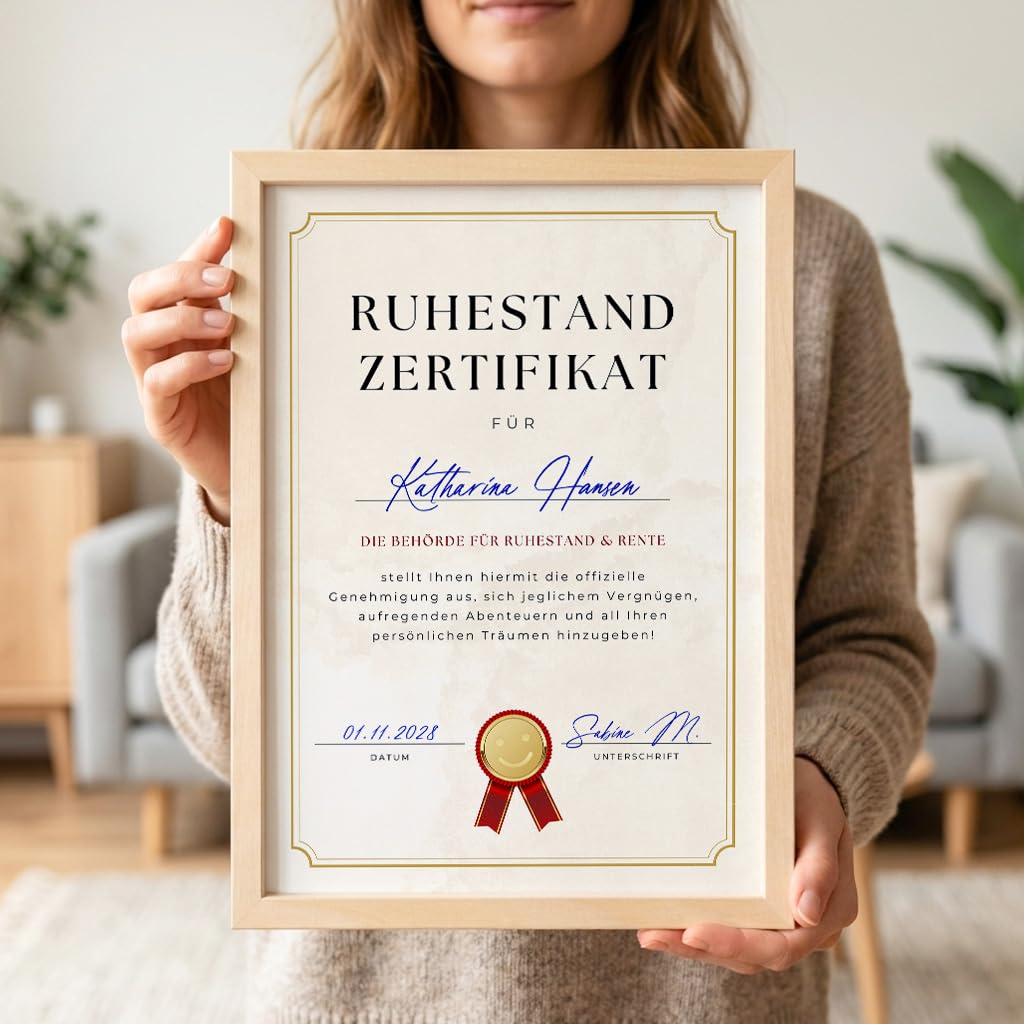 Renteneintritt Geschenk für Frauen & Männer personalisierte Rentenurkunde zum Ruhestand