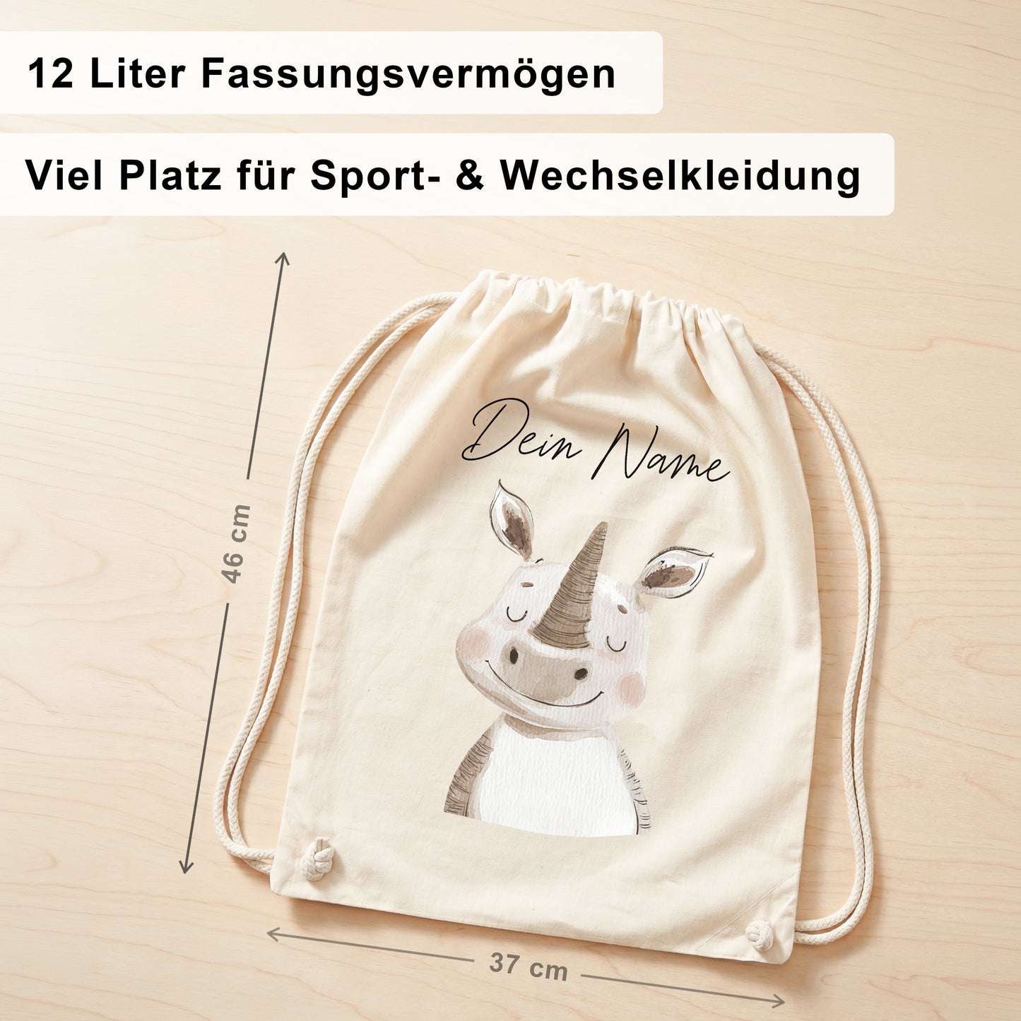 Nashorn Turnbeutel für Kinder personalisierter Sportbeutel für den Kindergarten Stoffbeutel mit Kordelzug