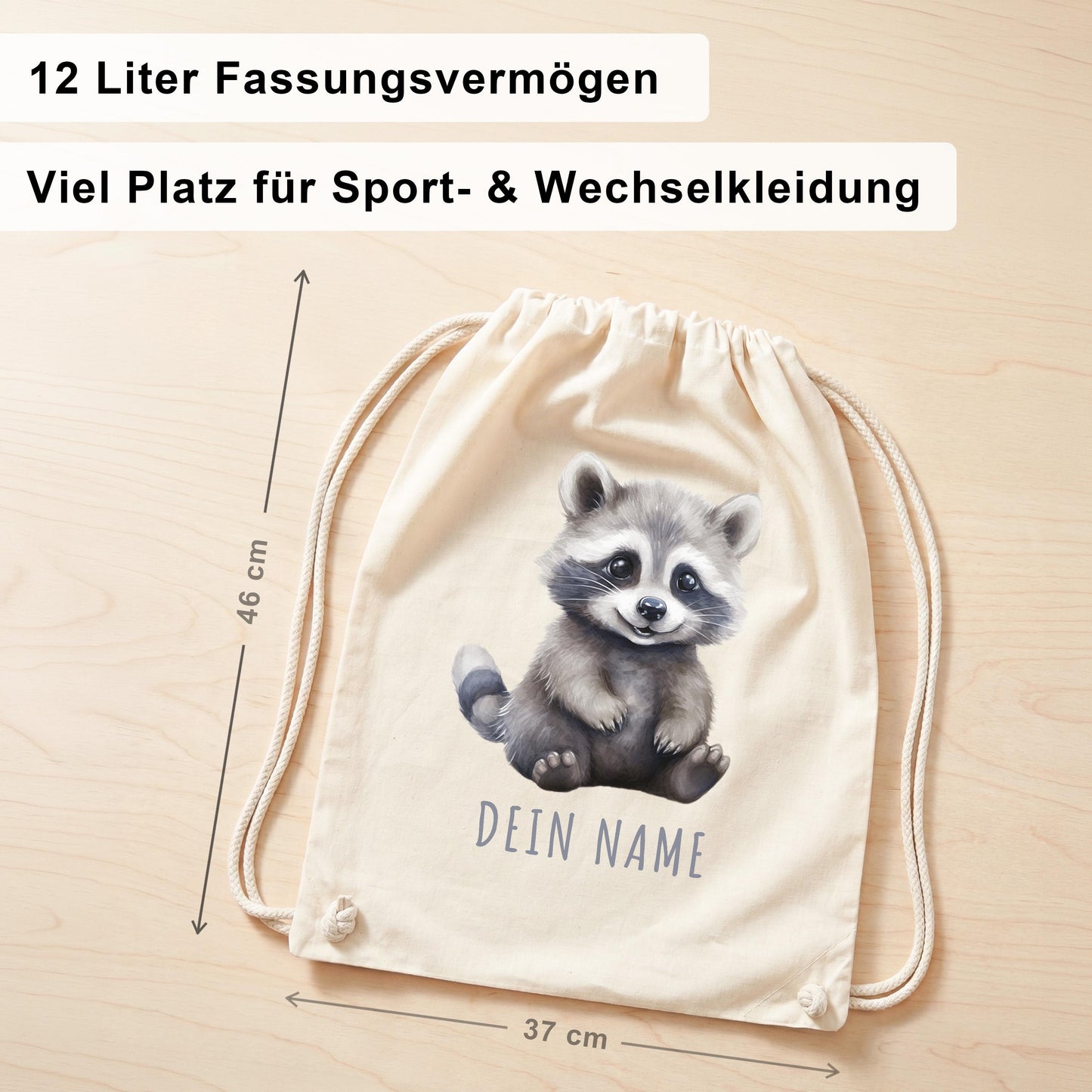 Waschbär Turnbeutel Kinder personalisierter Sportbeutel für den Kindergarten Stoffbeutel mit Kordelzug
