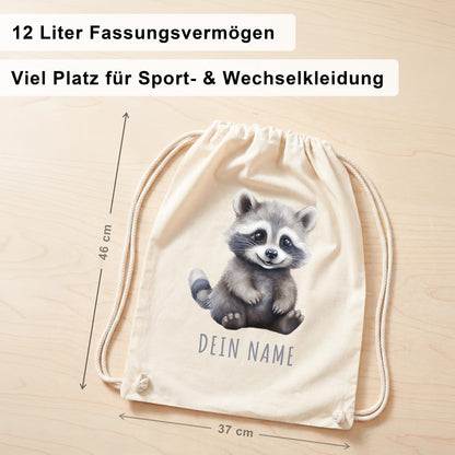 Waschbär Turnbeutel Kinder personalisierter Sportbeutel für den Kindergarten Stoffbeutel mit Kordelzug