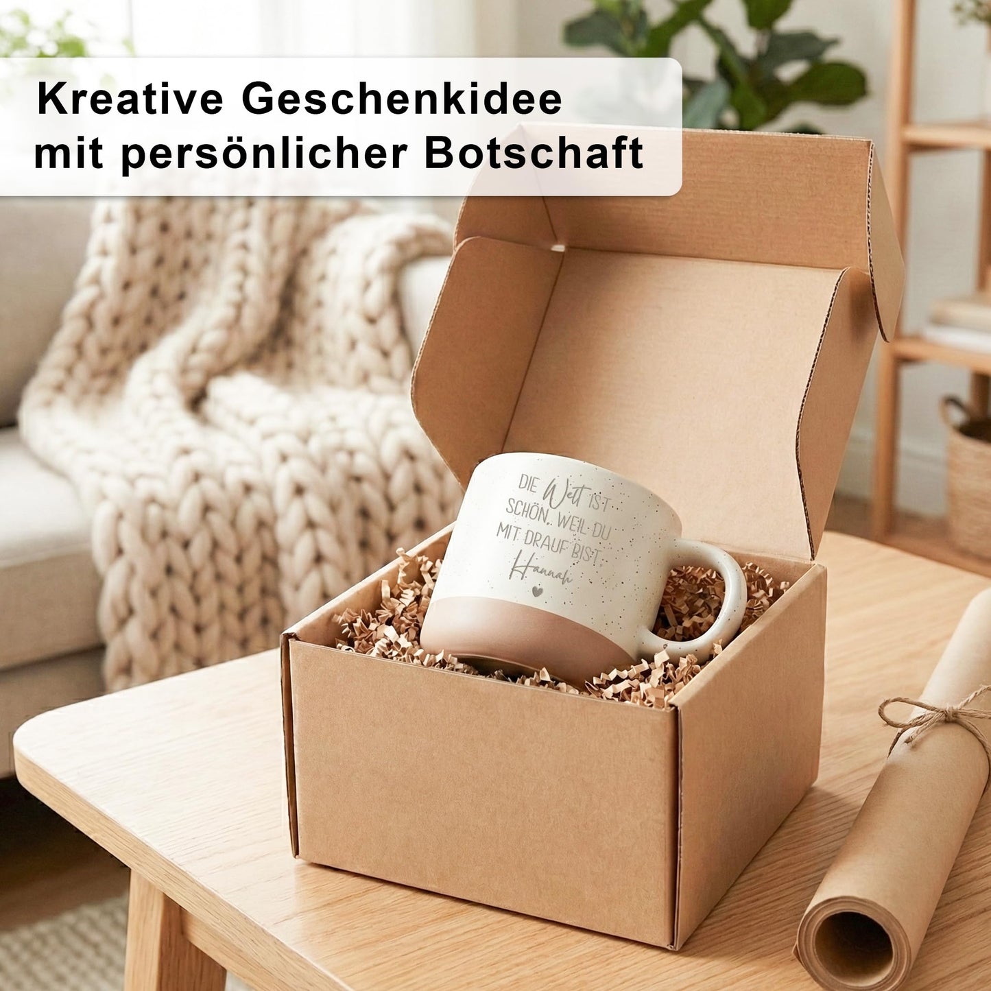 Die Welt ist schön weil du mit drauf bist Steingut Tasse personalisiert mit Gravur Geschenke für Freundin Kaffeetasse