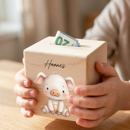 Schwein Spardose für Kinder aus Holz personalisierte Sparbox Holzspardose mit Schlüssel als Geldgeschenk