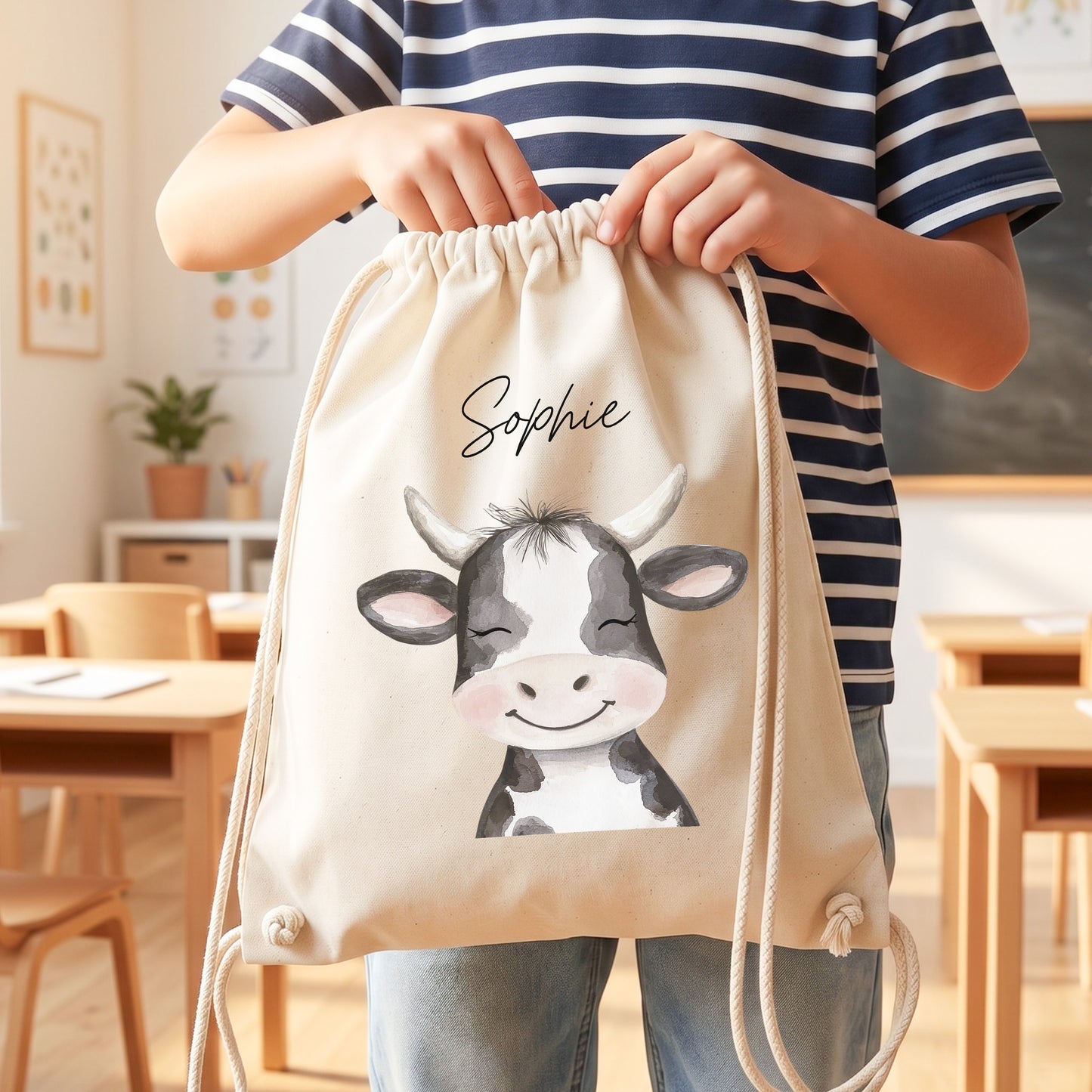 Kuh Turnbeutel Kinder personalisierter Sportbeutel für Kindergarten & Kita Stoffbeutel mit Kordelzug