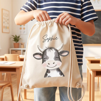 Kuh Turnbeutel Kinder personalisierter Sportbeutel für Kindergarten & Kita Stoffbeutel mit Kordelzug