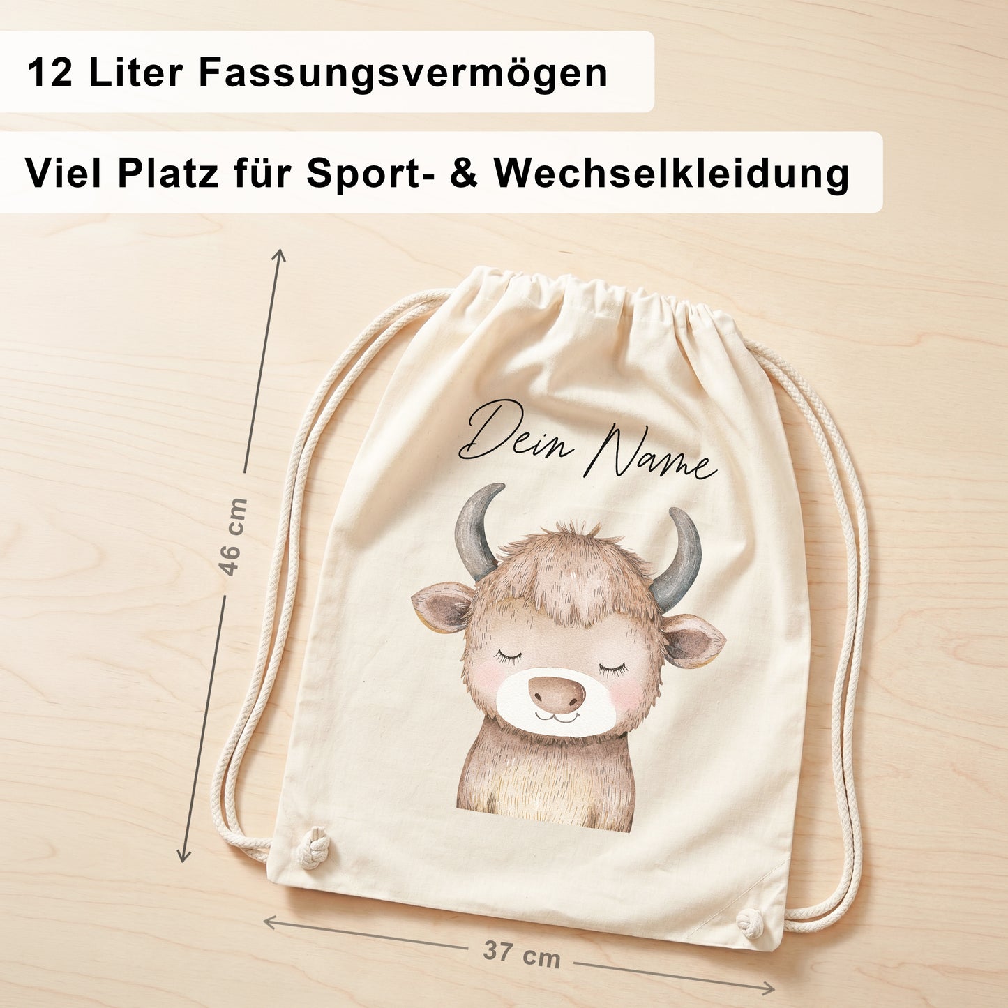 Stier Turnbeutel Kinder personalisierter Sportbeutel für Kindergarten & Kita Stoffbeutel mit Kordelzug