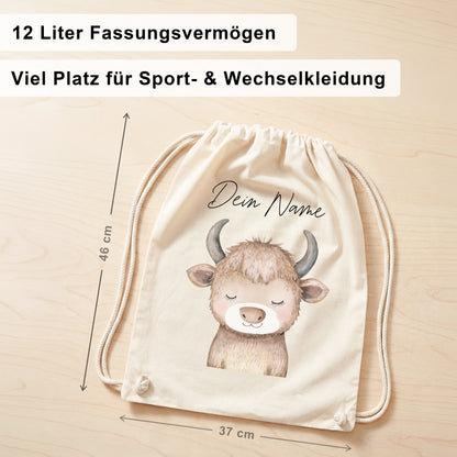 Stier Turnbeutel Kinder personalisierter Sportbeutel für Kindergarten & Kita Stoffbeutel mit Kordelzug