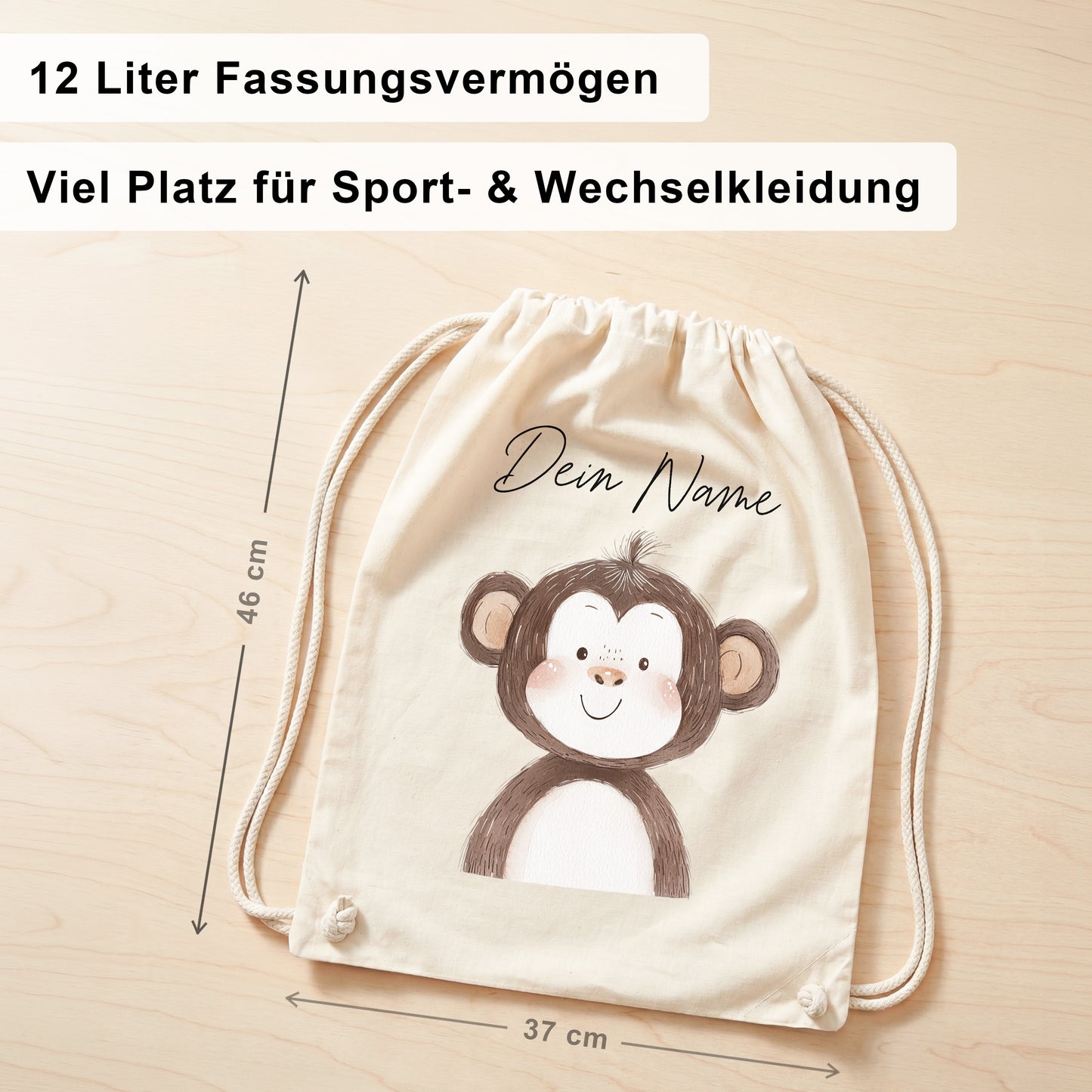 Affe Turnbeutel für Kinder personalisierter Sportbeutel für den Kindergarten Stoffbeutel mit Kordelzug