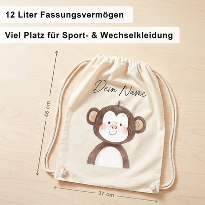 Affe Turnbeutel für Kinder personalisierter Sportbeutel für den Kindergarten Stoffbeutel mit Kordelzug