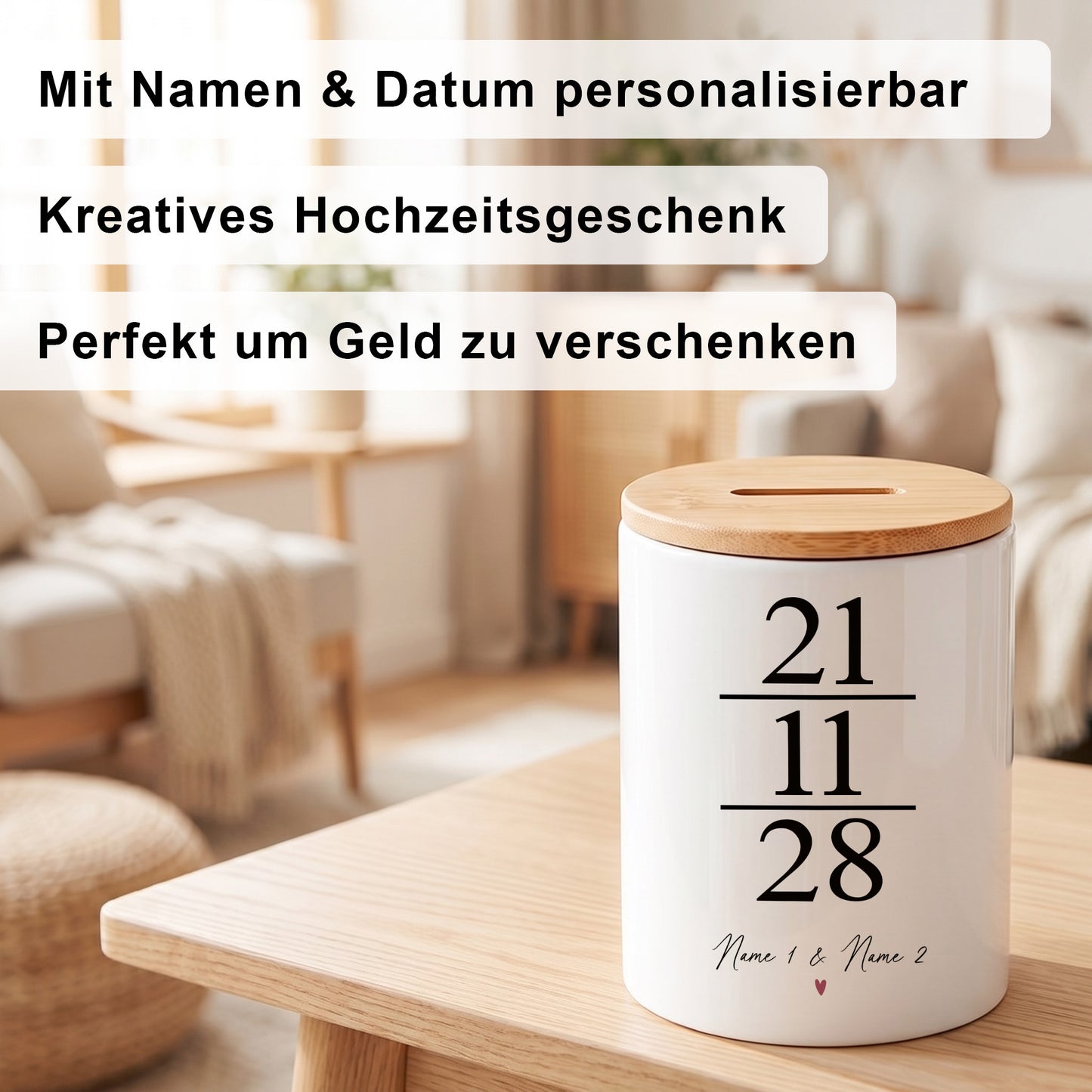Spardose zur Hochzeit als Geldgeschenk personalisiert mit Namen & Datum