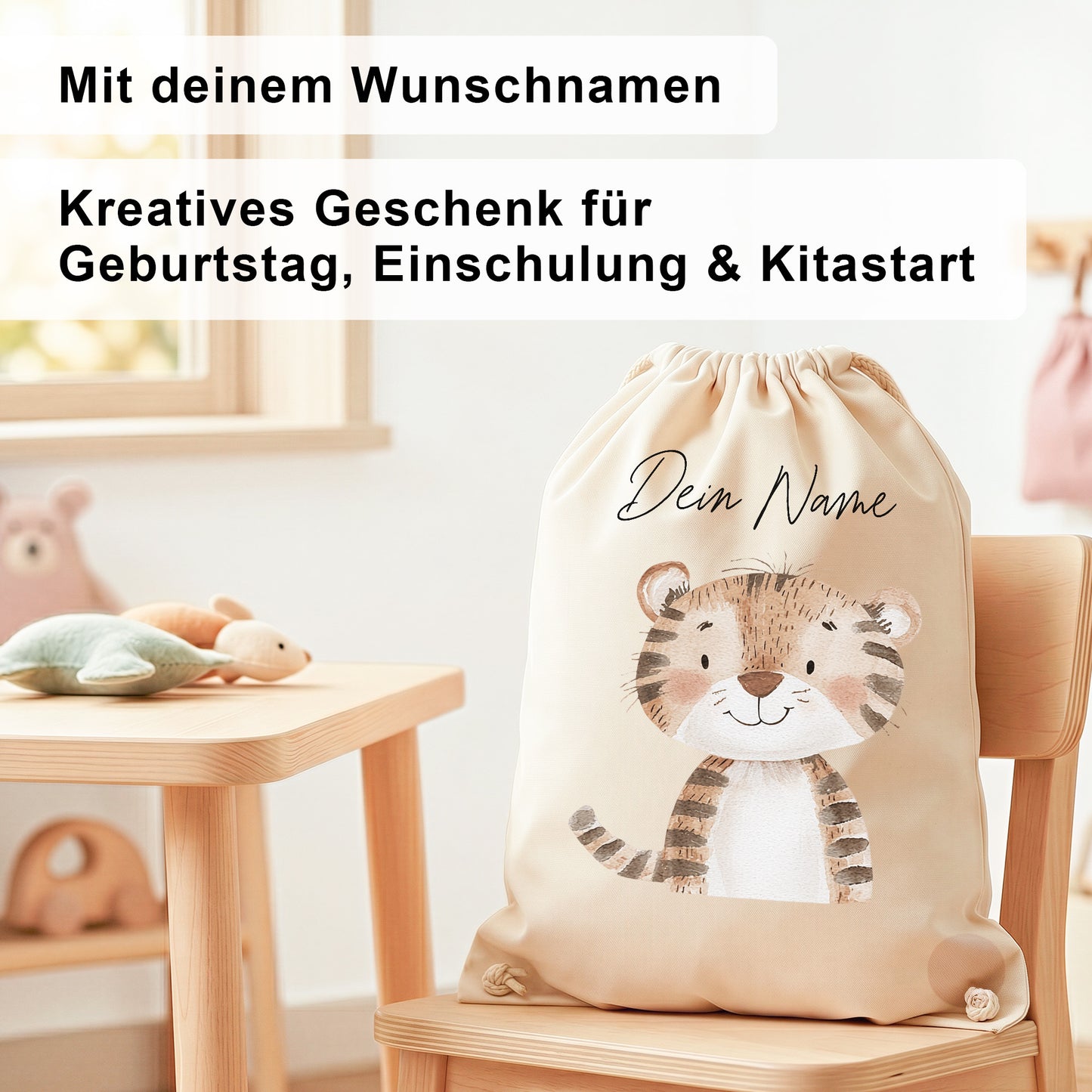 Tiger Turnbeutel für Kinder personalisierter Sportbeutel für den Kindergarten Stoffbeutel mit Kordelzug