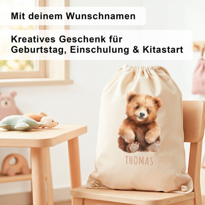Bär Turnbeutel Kinder personalisierter Sportbeutel für den Kindergarten Stoffbeutel mit Kordelzug