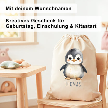 Pinguin Turnbeutel Kinder personalisierter Sportbeutel für den Kindergarten Stoffbeutel mit Kordelzug