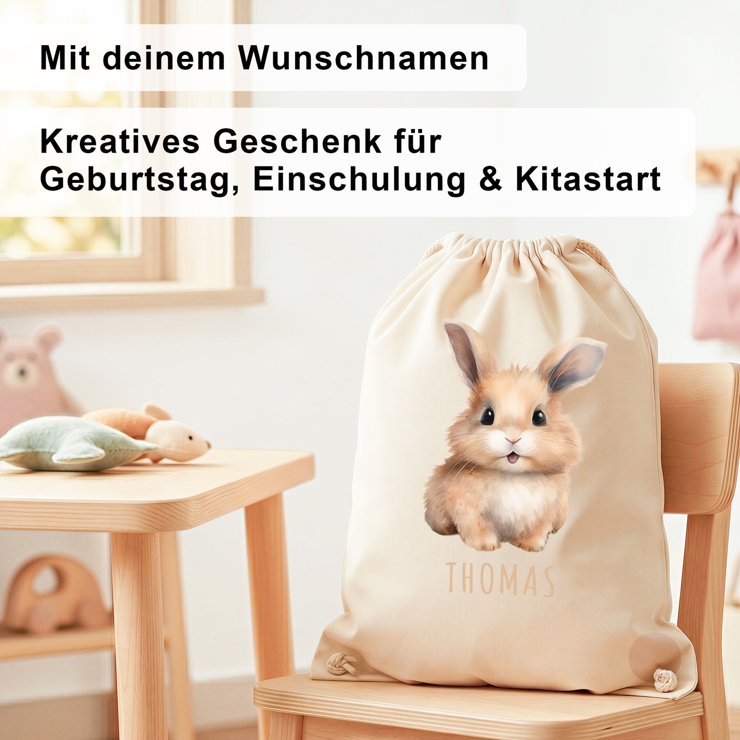 Hase Turnbeutel Kinder personalisierter Sportbeutel für den Kindergarten Stoffbeutel mit Kordelzug