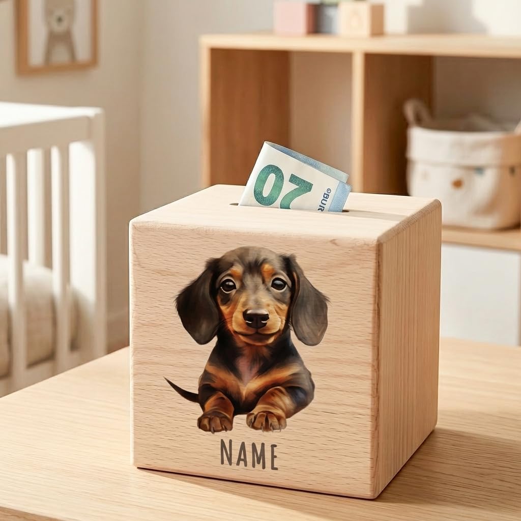 Tier Spardose für Kinder personalisiert Sparbox aus Holz Sparschwein mit Schlüssel Taufgeschenk für Jungen und Mädchen (Dackel)