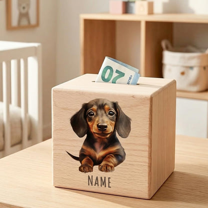 Tier Spardose für Kinder personalisiert Sparbox aus Holz Sparschwein mit Schlüssel Taufgeschenk für Jungen und Mädchen (Dackel)