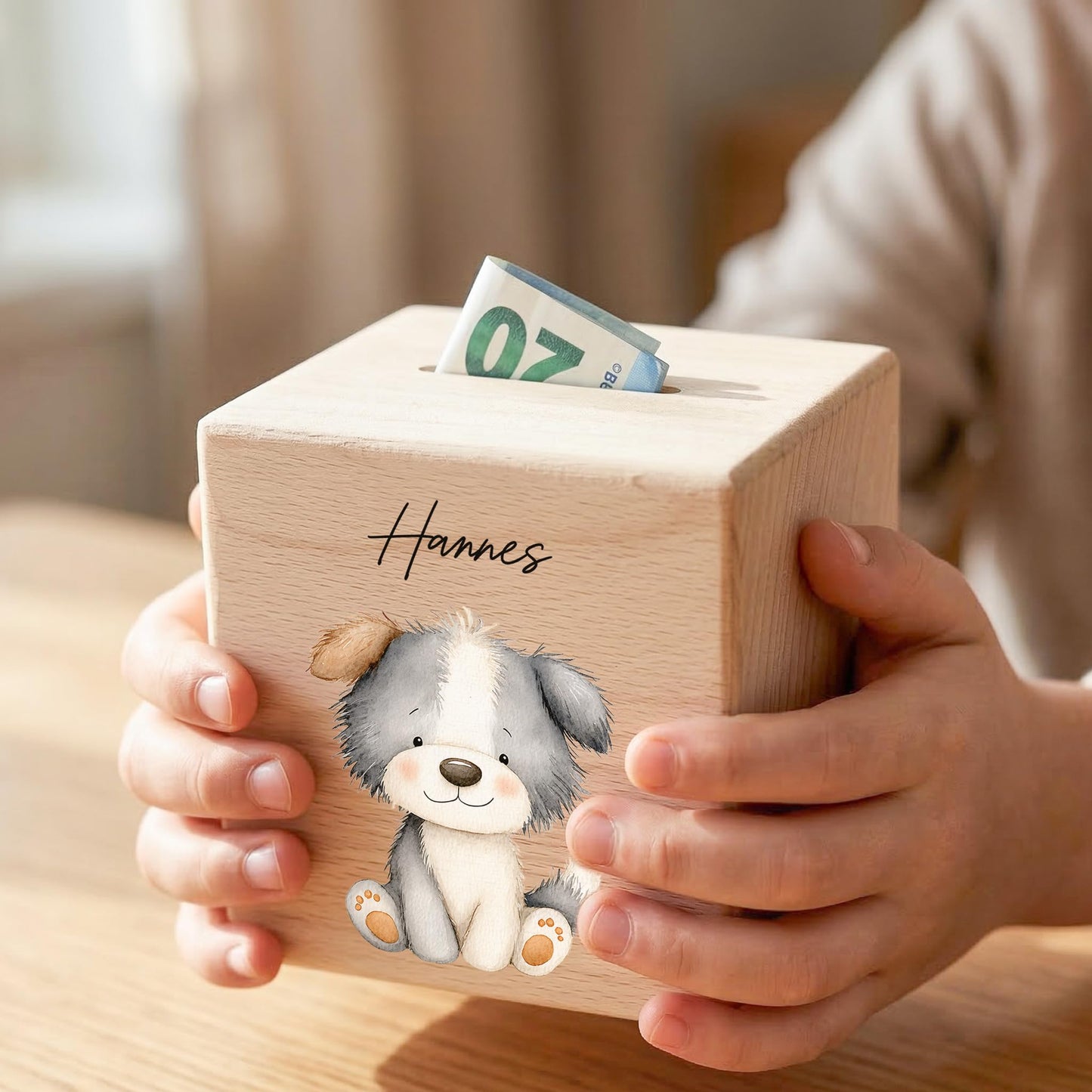 Hund Spardose für Kinder aus Holz personalisierte Sparbox Holzspardose mit Schlüssel als Geldgeschenk
