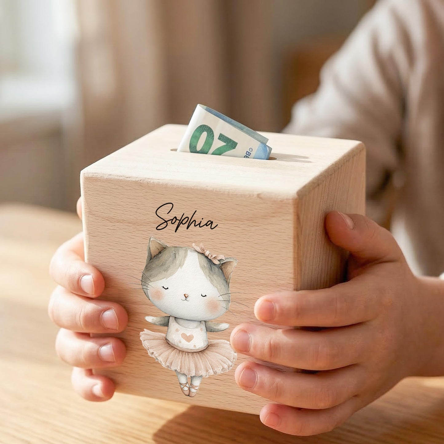 Spardose für Mädchen personalisierte Sparbox aus Holz mit Katze Geldgeschenk für Kinder
