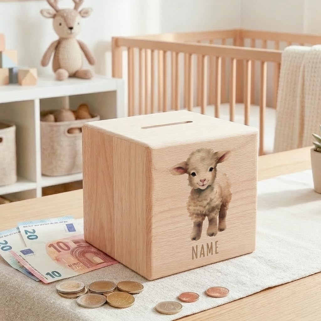 Schaf Spardose für Kinder personalisiert Sparbox aus Holz Sparschwein mit Schlüssel Taufgeschenk für Jungen und Mädchen