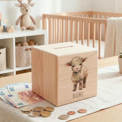 Schaf Spardose für Kinder personalisiert Sparbox aus Holz Sparschwein mit Schlüssel Taufgeschenk für Jungen und Mädchen