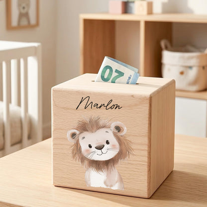 Spardose für Kinder Löwe personalisiert Safari Tiere Sparbox aus Holz Sparschwein mit Schlüssel Taufgeschenk für Jungen & Mädchen