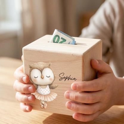 Spardose für Mädchen personalisierte Sparbox aus Holz mit Eule Geldgeschenk für Kinder