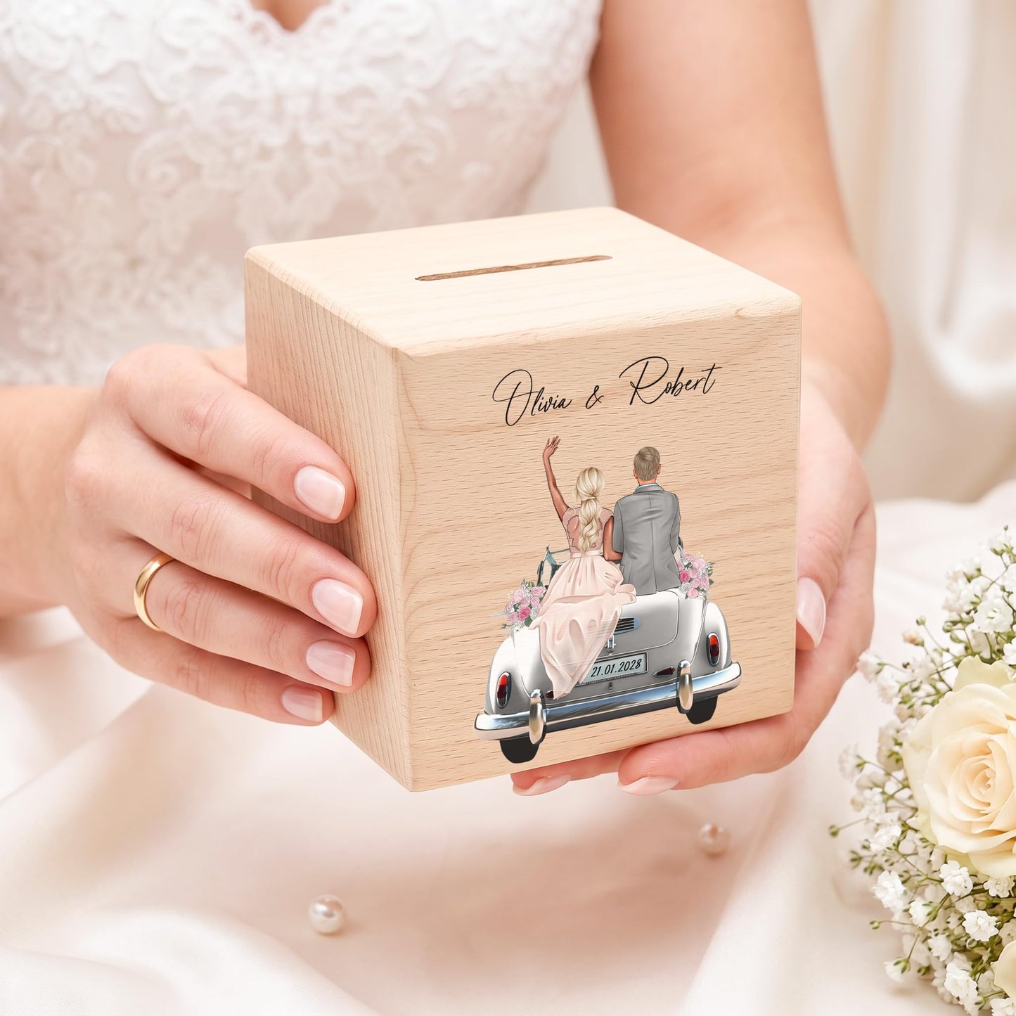 Hochzeitsgeschenk für Brautpaar personalisierte Spardose aus Holz als Geldgeschenk inkl. Schloss & Schlüssel