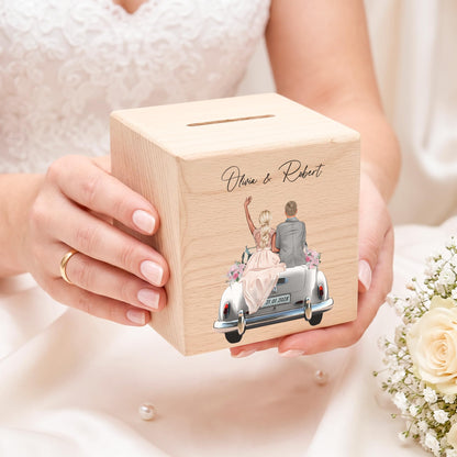Hochzeitsgeschenk für Brautpaar personalisierte Spardose aus Holz als Geldgeschenk inkl. Schloss & Schlüssel
