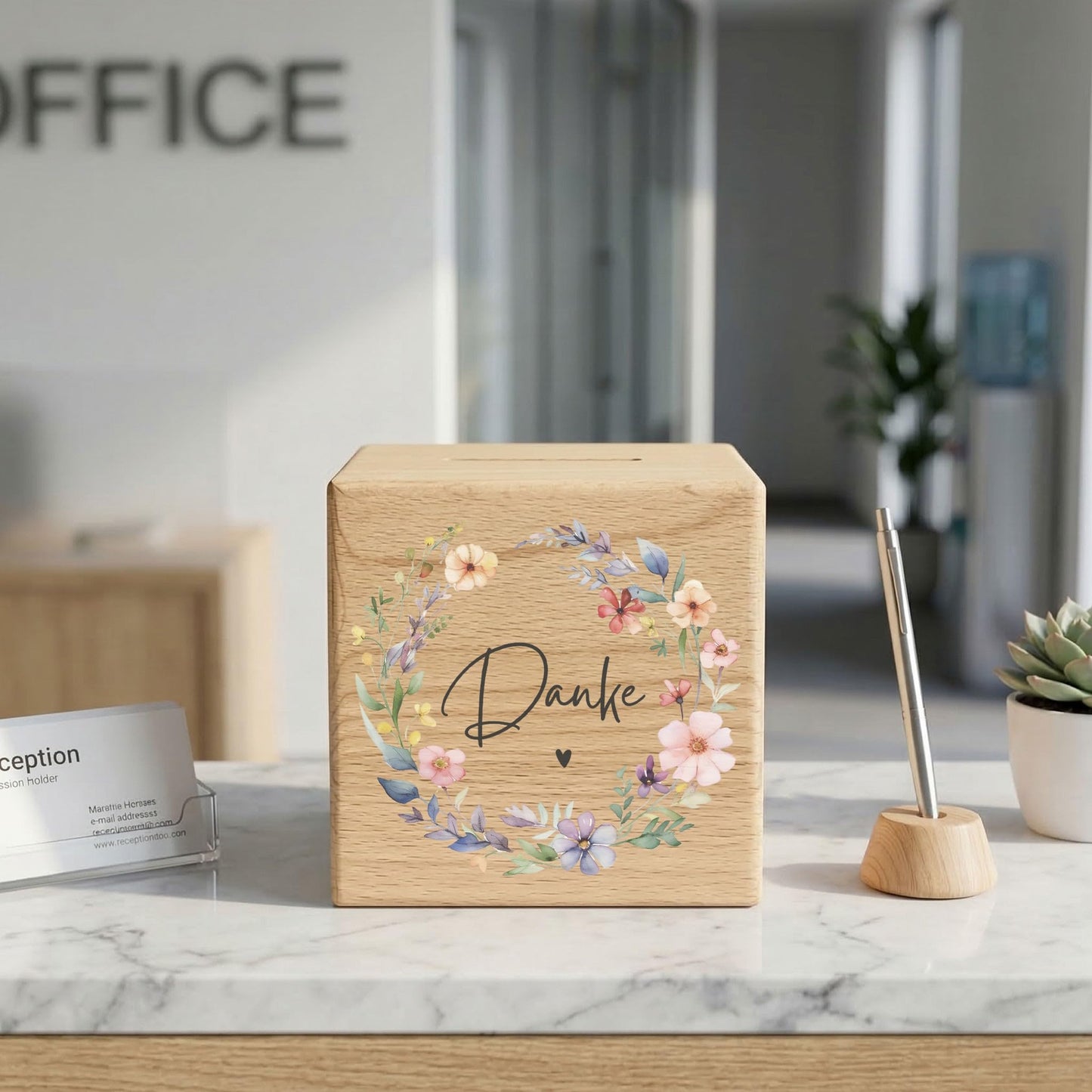 Danke Trinkgeldkasse mit Wildblumen Spardose aus Holz als Kaffeekasse
