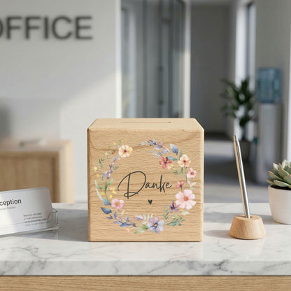 Danke Trinkgeldkasse mit Wildblumen Spardose aus Holz als Kaffeekasse