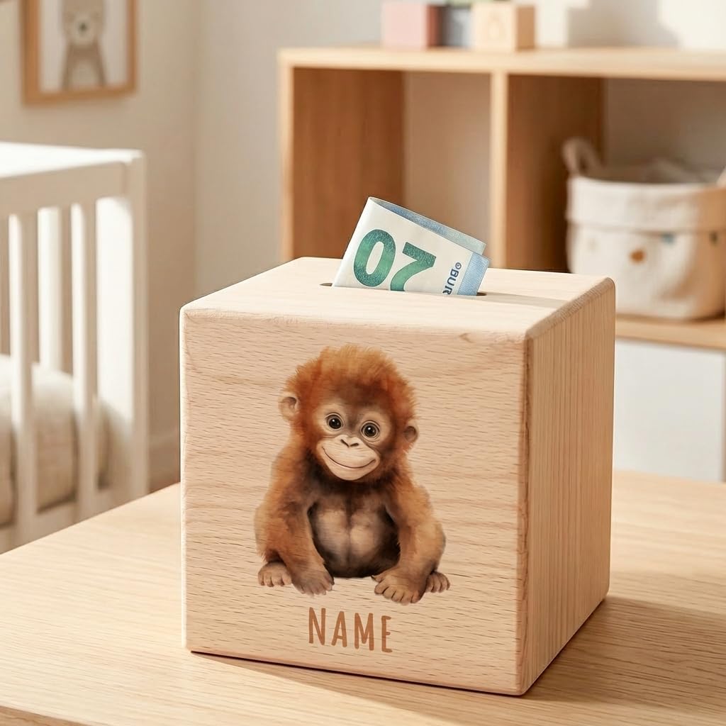 Affe Spardose für Kinder personalisiert Sparbox aus Holz Sparschwein mit Schlüssel Taufgeschenk für Jungen und Mädchen