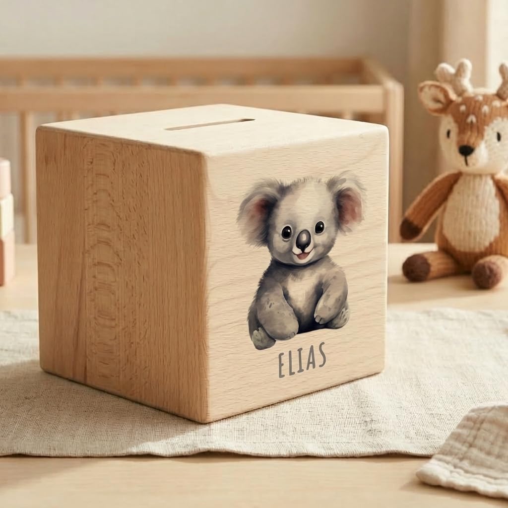 Koala Spardose für Kinder personalisiert Sparbox aus Holz Sparschwein mit Schlüssel Taufgeschenk für Jungen und Mädchen