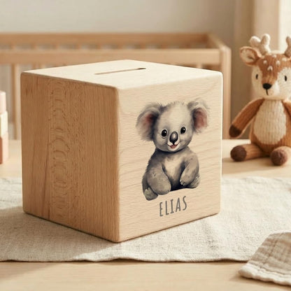 Koala Spardose für Kinder personalisiert Sparbox aus Holz Sparschwein mit Schlüssel Taufgeschenk für Jungen und Mädchen